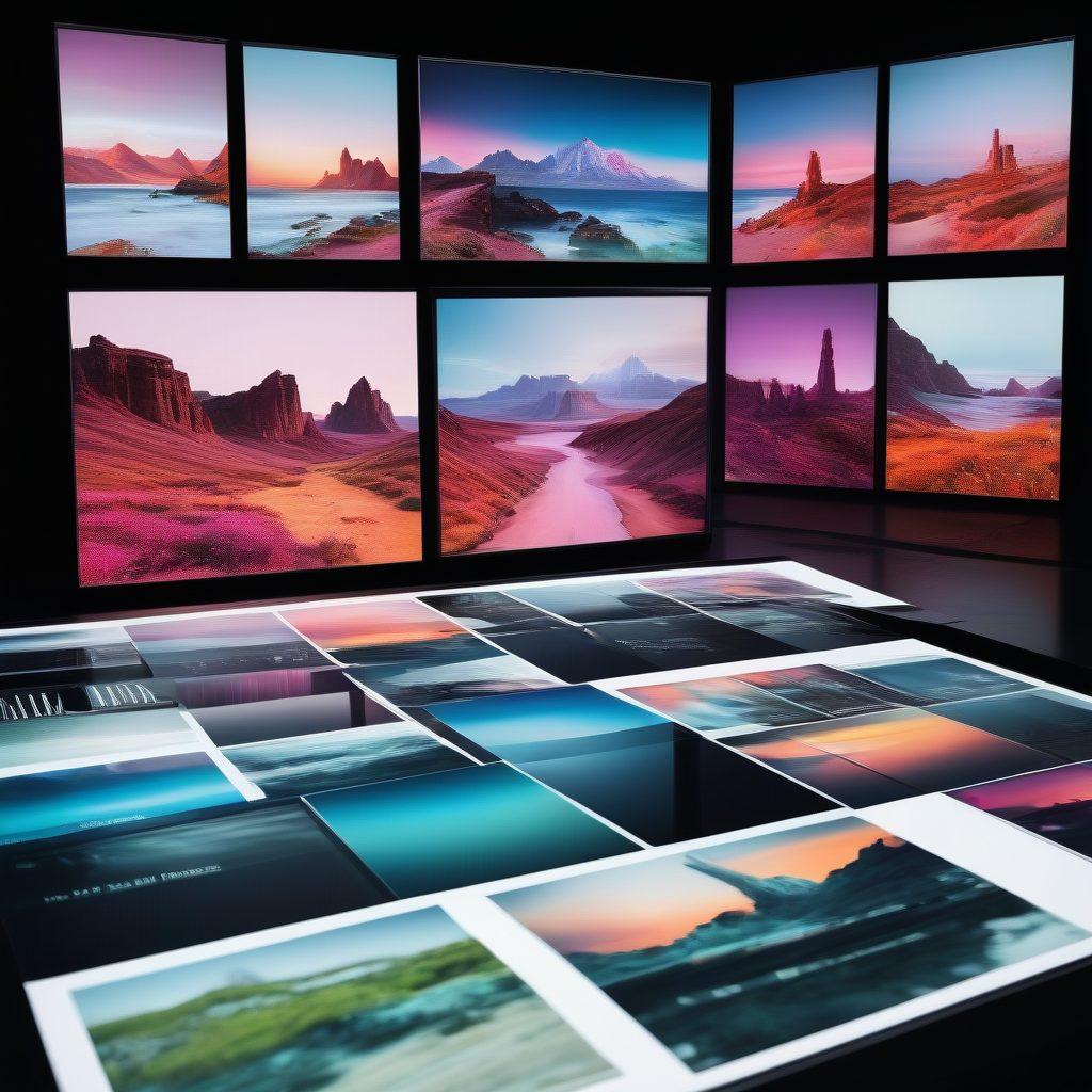 A tasteful and abstract depiction of an adult entertainment landscape, incorporating elements like computer screens with blurred suggestive thumbnails, a compass symbolizing navigation, and a guidebook highlighting key aspects. Ensure the setting has a neutral tone with hints of neon colors for a modern touch. abstract art. vibrant colors. neutral background.