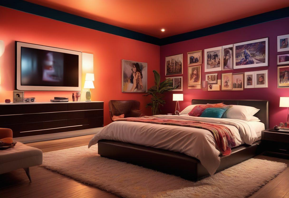 A vivid and dynamic collage depicting various aspects of adult entertainment: an amateur clip’s intimate bedroom, a studio’s professional set, and a cinema with a full-length film screening. Each setting should be distinct yet seamlessly integrated, with modern technology elements like cameras, screens, and film reels. vibrant colors. 3D. digital collage.