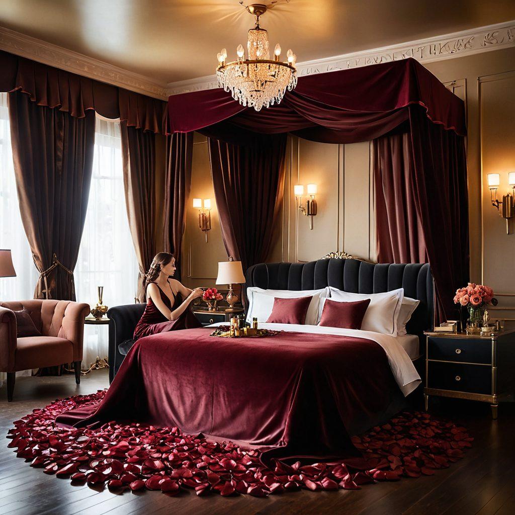 A soft-focus image of an elegant boudoir setting with velvet drapes, rose petals scattered on a luxurious bed, and ambient lighting casting warm glows. Subtle silhouettes of diverse couples in intimate, respectful poses can be seen in the background, hinting at various forms of sensuality. Art deco elements in the decor speak to a timeless, sophisticated atmosphere. painting. warm tones.